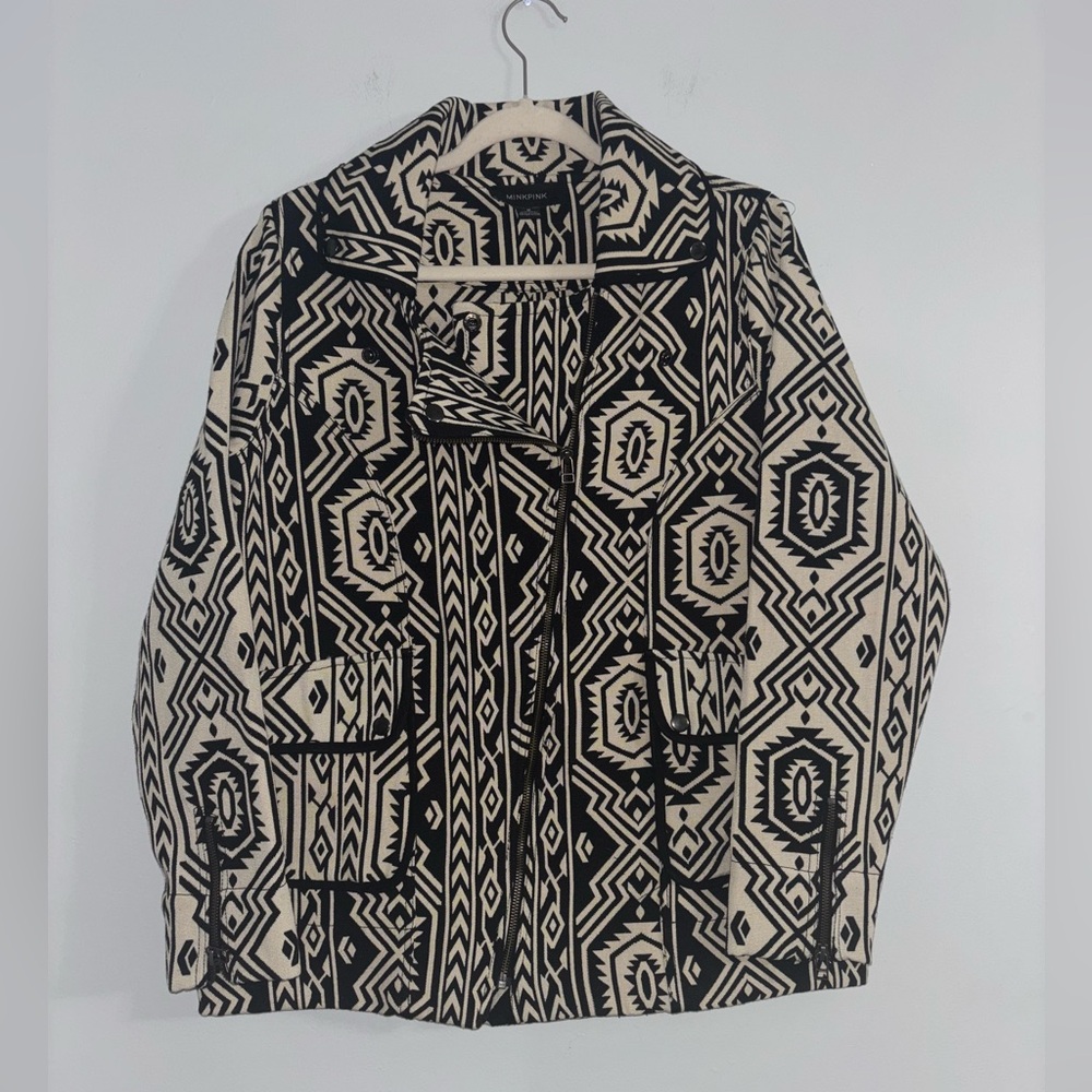 MINKPINK Black Cream Aztec Tribal Moto Jacket Women’s Medium
